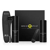 Beard grooming kit with black derma roller, activator serum, sanitizer, and comb on display.