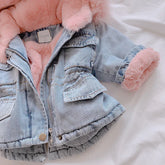 Light blue denim jacket with pink faux fur lining and cuffs, relaxed fit, streetwear style