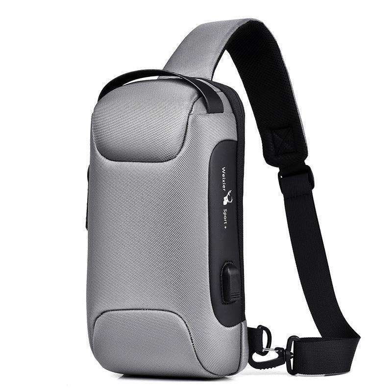 Modern grey crossbody sling bag with adjustable strap and durable textured material