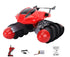 Red and black remote control toy car with oversized spiral wheels, includes remote, charger, battery, and manual.