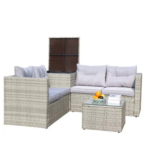 Gray rattan outdoor sectional sofa set with light cushions and matching coffee table