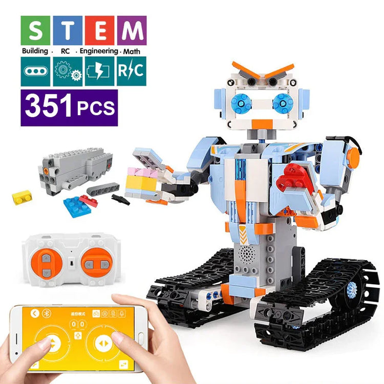 Colorful STEM robot building kit with 351 pieces, blue and orange blocks, remote control, and app control options.