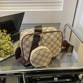 Beige and brown crossbody bag with matching mini pouch, geometric pattern, canvas material