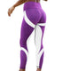 Purple and white high-waisted leggings with geometric patterns and honeycomb mesh details, slim fit.