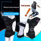 Black adjustable knee support brace with spring reinforcement for joint pressure relief