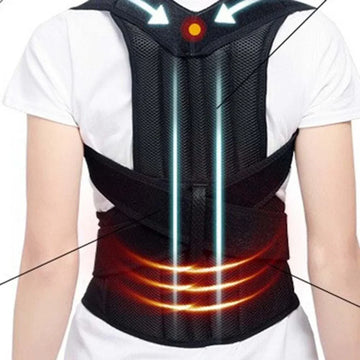 Black adjustable posture corrector with lumbar support worn over a white shirt, breathable mesh material.