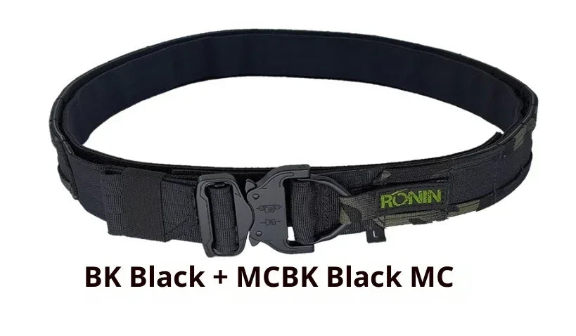 Black tactical belt with camouflage accents, durable nylon material, adjustable fit