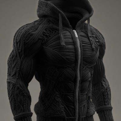 Black knitted zip-up hoodie with muscular, sculpted texture and snug athletic fit