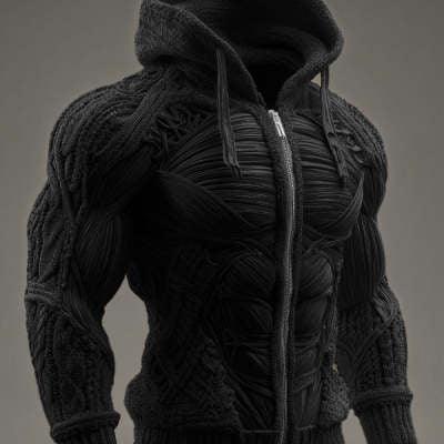 Black knitted hoodie with a muscular, textured design and slim fit