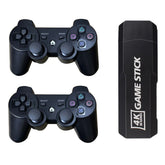 Black wireless game controllers with ergonomic design and 4K game stick, plastic material.