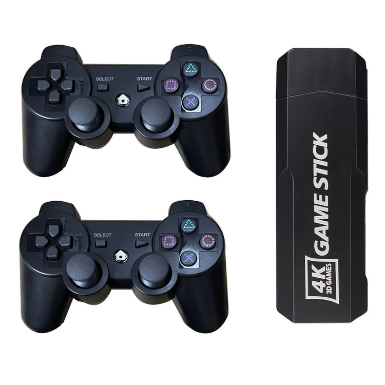 Black wireless game controllers with ergonomic design and 4K game stick, plastic material.