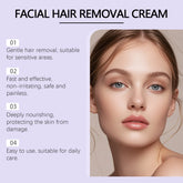 Woman with flawless skin wearing natural makeup, promoting gentle facial hair removal cream.
