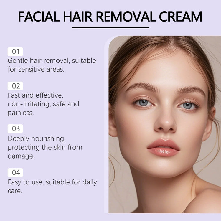 Woman with flawless skin wearing natural makeup, promoting gentle facial hair removal cream.
