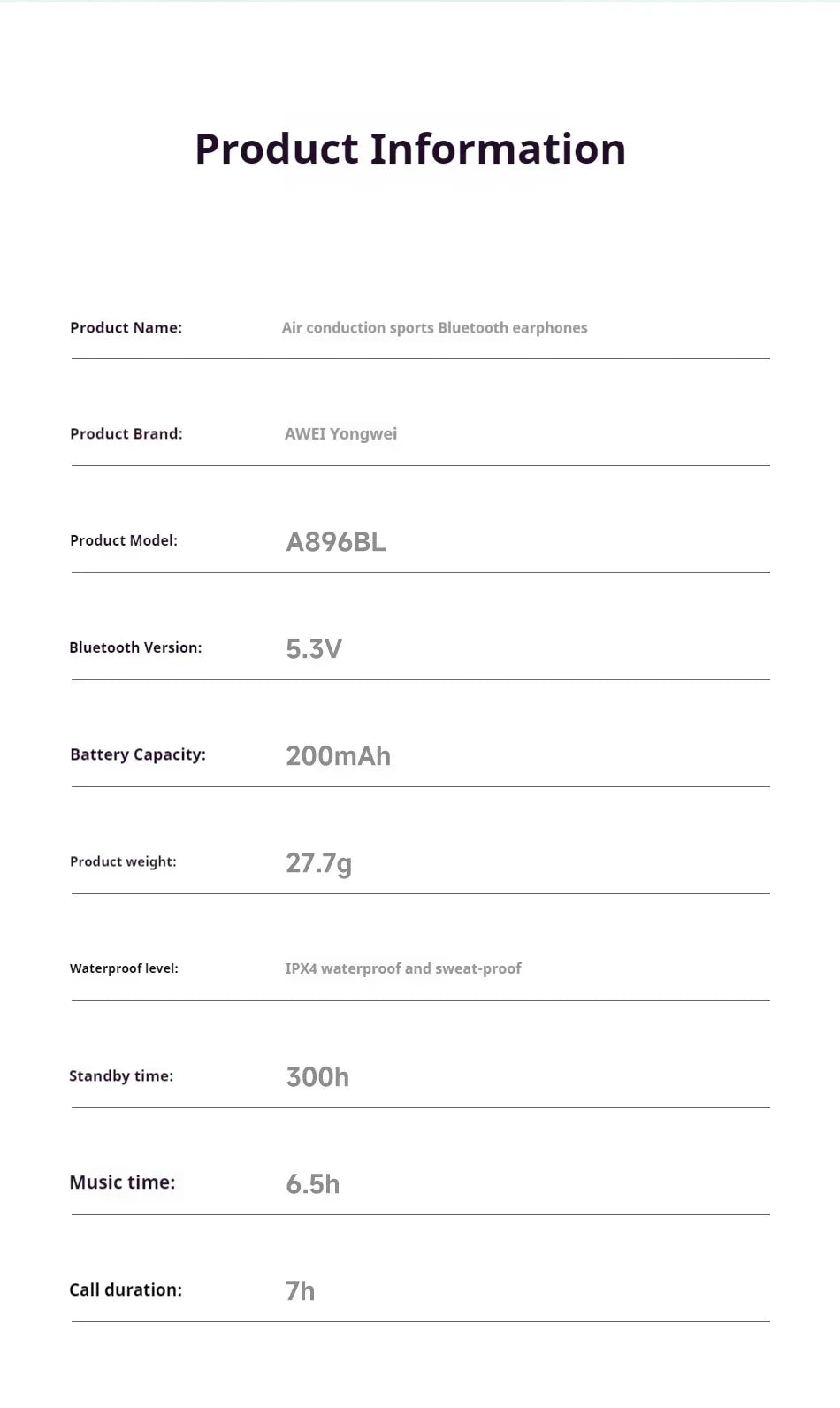 White product information sheet detailing specs for air conduction sports Bluetooth earphones.