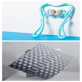 Light blue handheld roller massager and gray textured foam cushion, modern ergonomic design