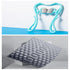 Light blue handheld roller massager and gray textured foam cushion, modern ergonomic design