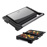 Modern electric grill with stainless steel finish, shown closed and open with grilled food