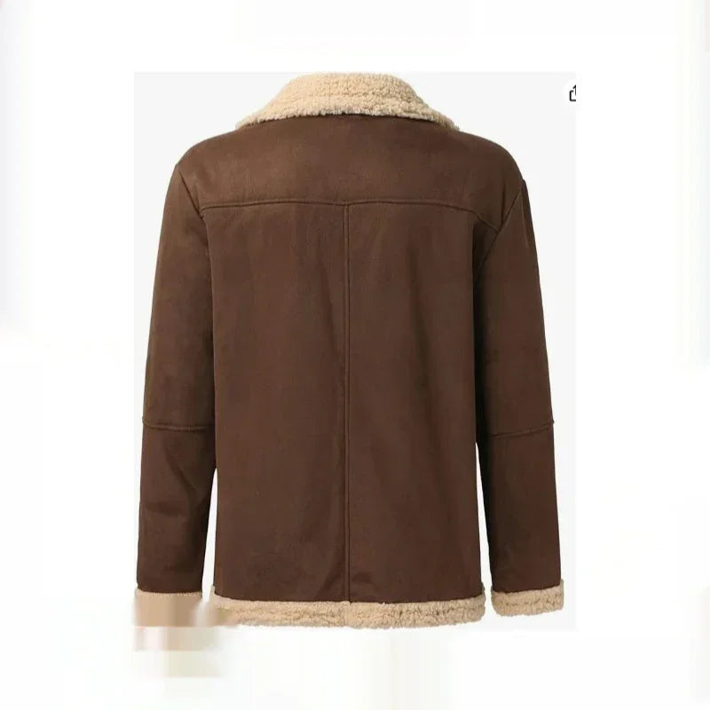 Brown faux suede jacket with beige shearling collar and cuffs, relaxed fit, streetwear style