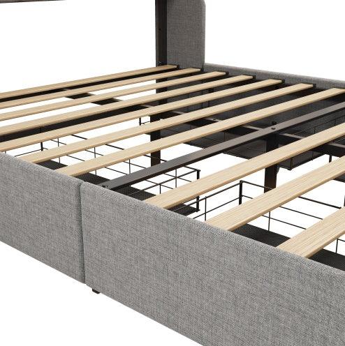 Modern platform bed frame with light wood slats and grey upholstered sides, close-up view