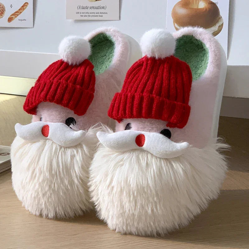 Cute plush slippers with white faux fur beard, red knit hat, and soft pink material, cozy fit
