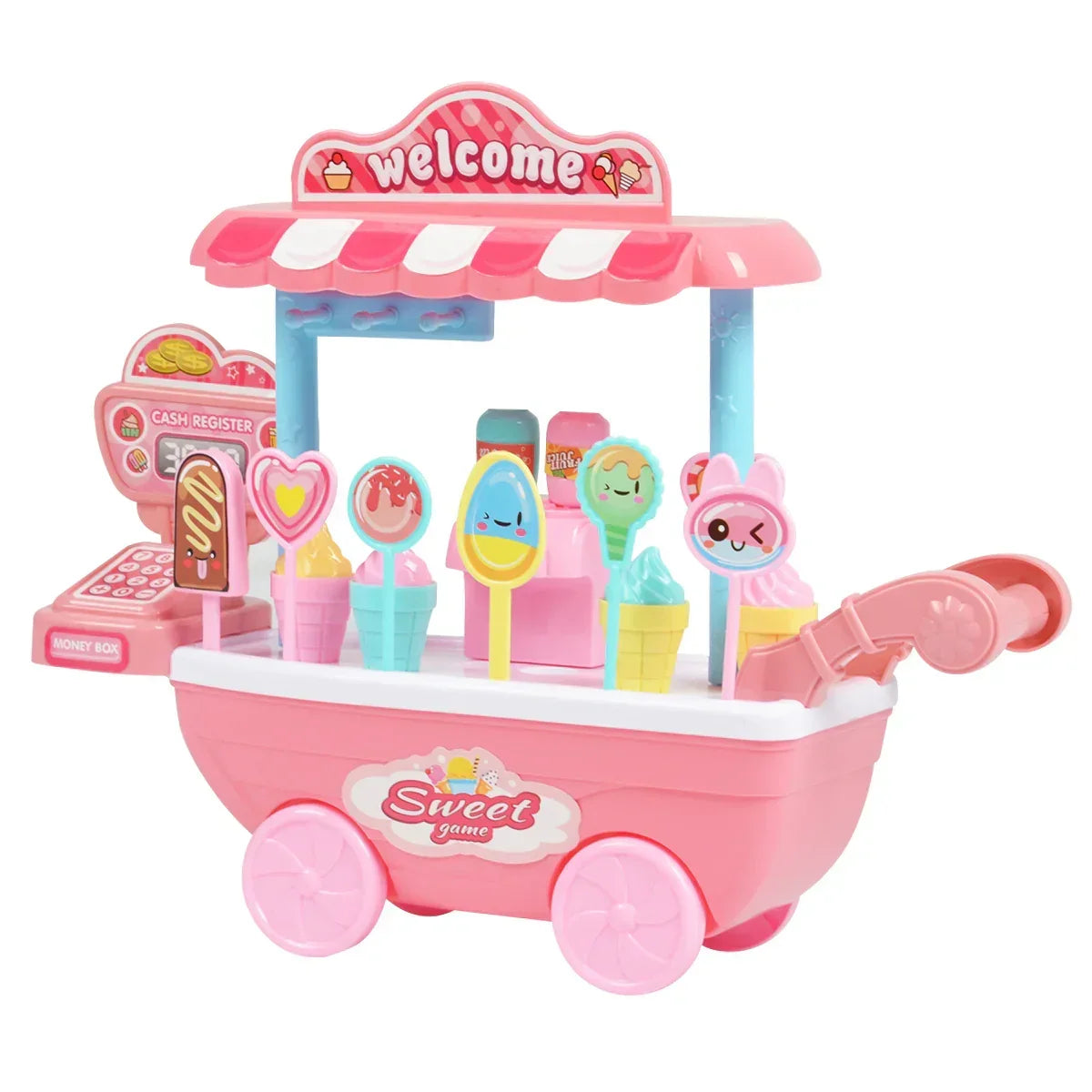 Pink toy ice cream cart with colorful ice cream cones and popsicles, play cash register, and wheels.