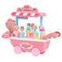 Pink toy ice cream cart with colorful ice cream cones and popsicles, play cash register, and wheels.