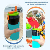 Colorful insulated drink bottle with flip straw lid, ergonomic grip, outdoors scene
