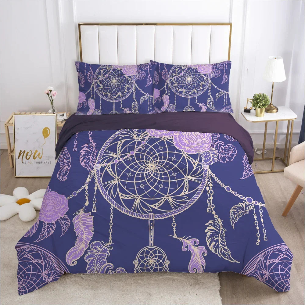 Purple dreamcatcher print bedding set with floral and feather designs, modern bedroom decor