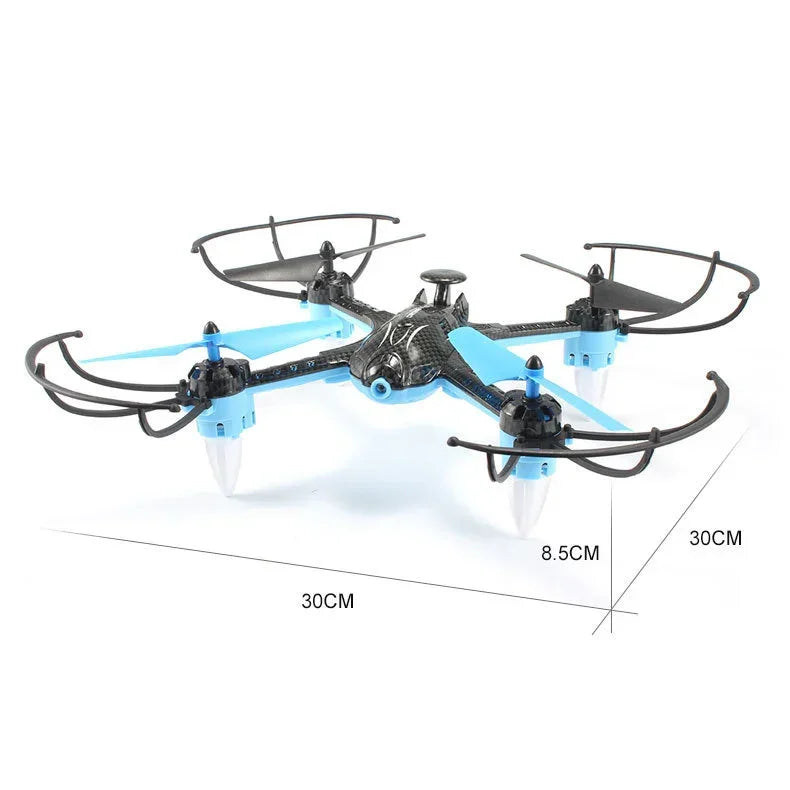 Black and blue quadcopter drone with propeller guards, measuring 30cm by 30cm.