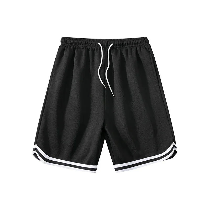 Black athletic shorts with white drawstring, relaxed fit, white striped hem, polyester fabric