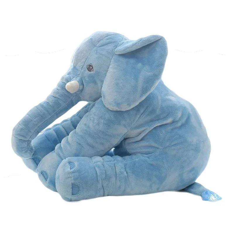 Soft blue plush elephant toy with velvety texture, sitting, stuffed animal gift.