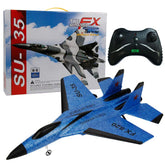 Blue remote control SU-35 fighter jet toy with controller and product box, lightweight foam material.