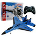 Blue remote control SU-35 fighter jet toy with controller and product box, lightweight foam material.