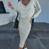 Light grey knit bodycon midi dress with long sleeves and V-neck, casual street style