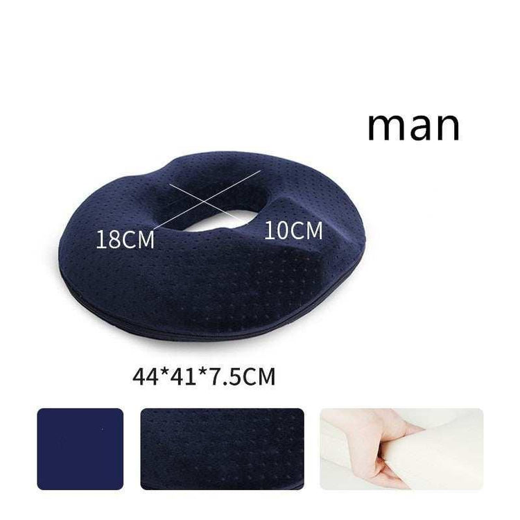 Navy blue round memory foam seat cushion with breathable cover, measuring 44x41x7.5 cm.