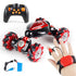 Red and black gesture-controlled RC stunt car with unique roller wheels and handheld controller.