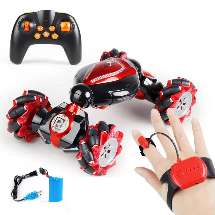 Red and black gesture-controlled RC stunt car with unique roller wheels and handheld controller.
