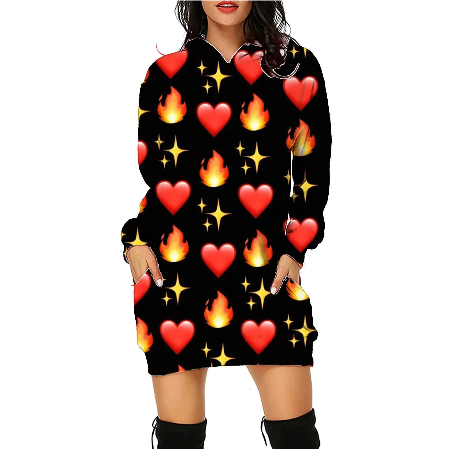 Black long-sleeve hoodie dress with red heart, flame, and star emoji print, relaxed fit