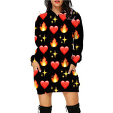 Black long-sleeve hoodie dress with red heart, flame, and star emoji print, relaxed fit