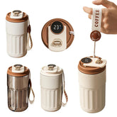 Modern insulated coffee tumbler with digital temperature display, beige and brown, ergonomic strap