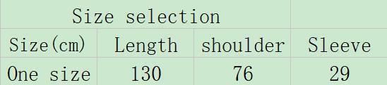 Clothing size chart showing one size with length 130 cm, shoulder 76 cm, sleeve 29 cm.