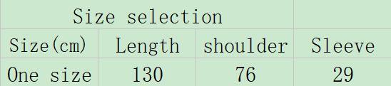 Clothing size chart showing one size with length 130 cm, shoulder 76 cm, sleeve 29 cm.