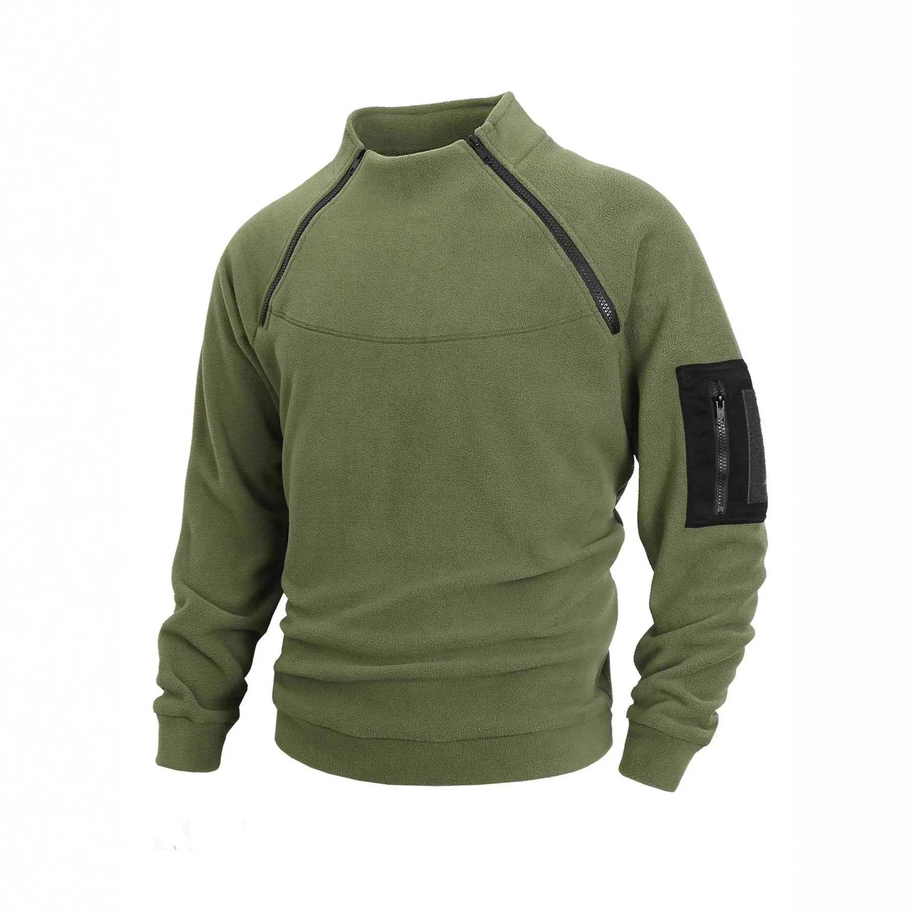 Olive green fleece pullover with black zip details and slim fit, tech streetwear style
