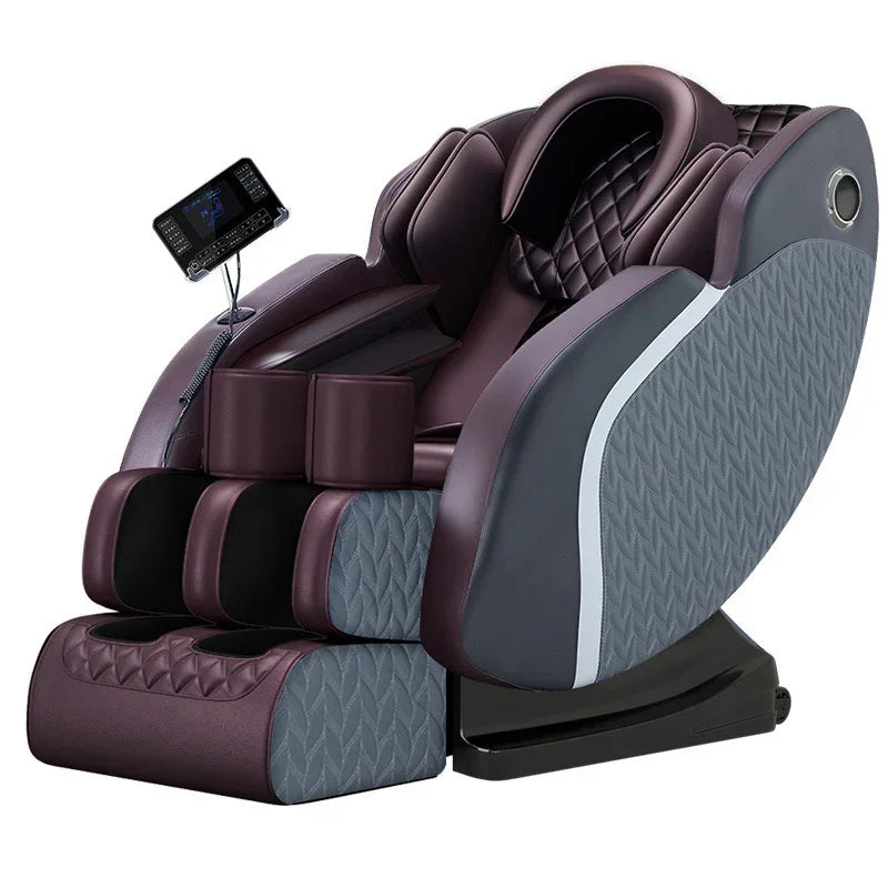 Futuristic massage chair in maroon and grey with quilted texture and electronic control panel