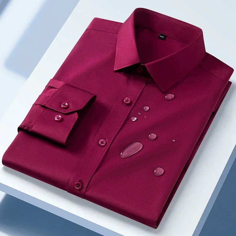 Folded burgundy long sleeve dress shirt with water-resistant fabric and slim fit style