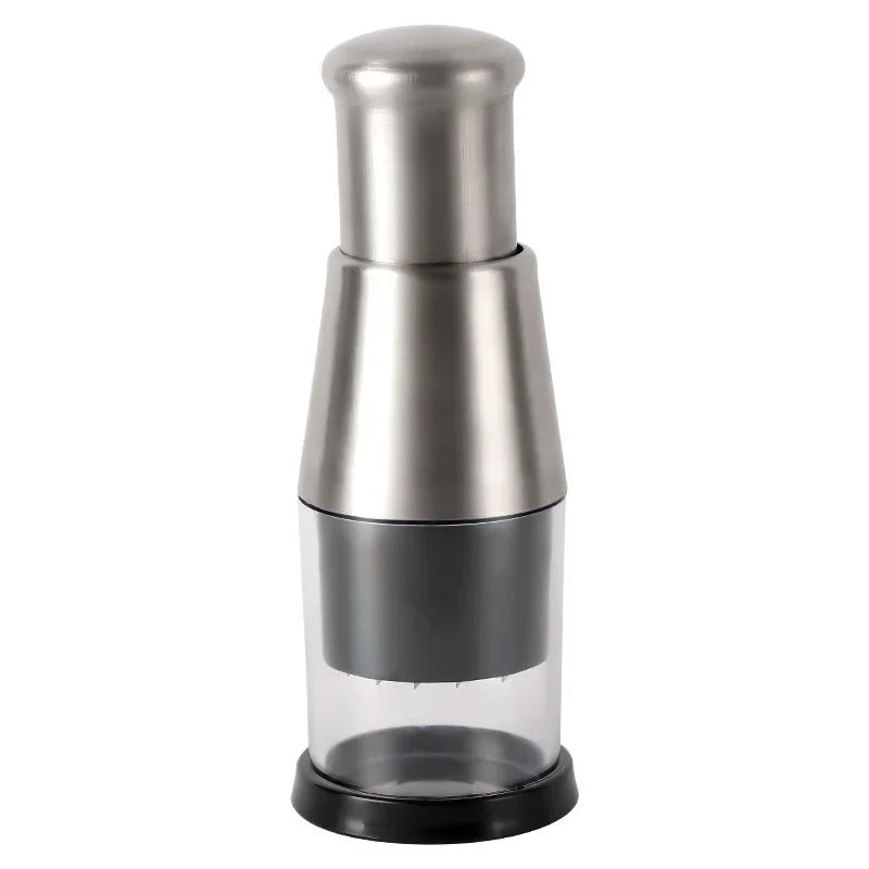 Stainless steel manual food chopper with clear plastic base on white background