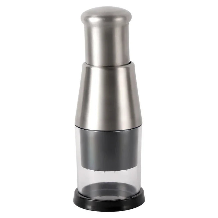 Stainless steel manual food chopper with clear plastic base on white background