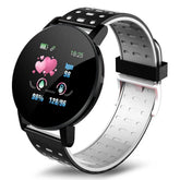 Black and white round smart fitness watch with perforated silicone strap and digital display