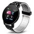 Black and white round smart fitness watch with perforated silicone strap and digital display
