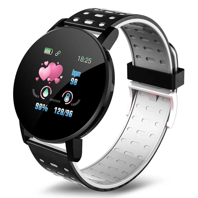 Black and white round smart fitness watch with perforated silicone strap and digital display